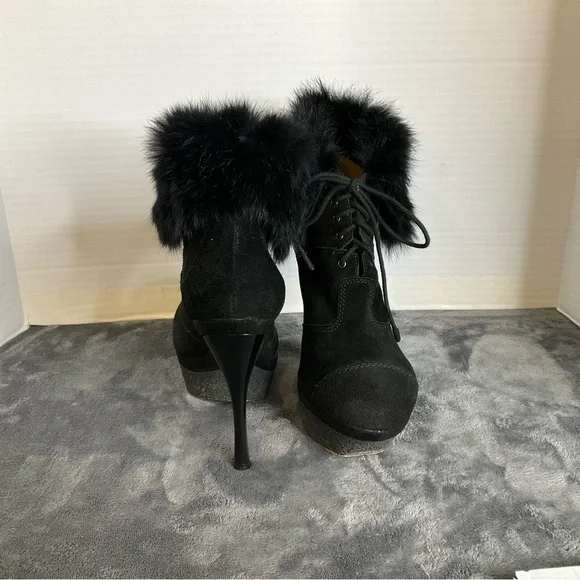L.A.M.B Platform Suede Leather & Real Fur Booties Size 7.5 Gwen Stefani Booties